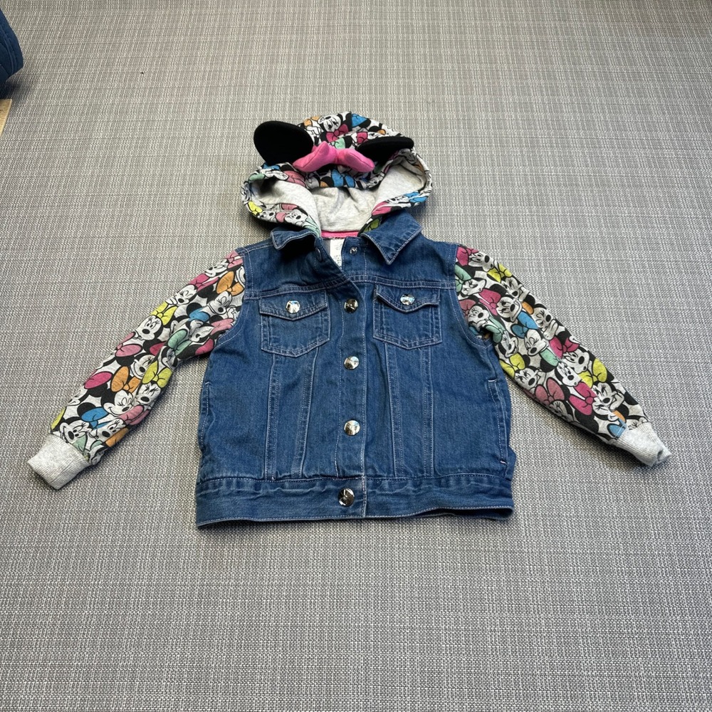 Disney Minnie Mouse Denim Jacket Hoodie‎ Girls Size 3T Mouse Ears All Over Print